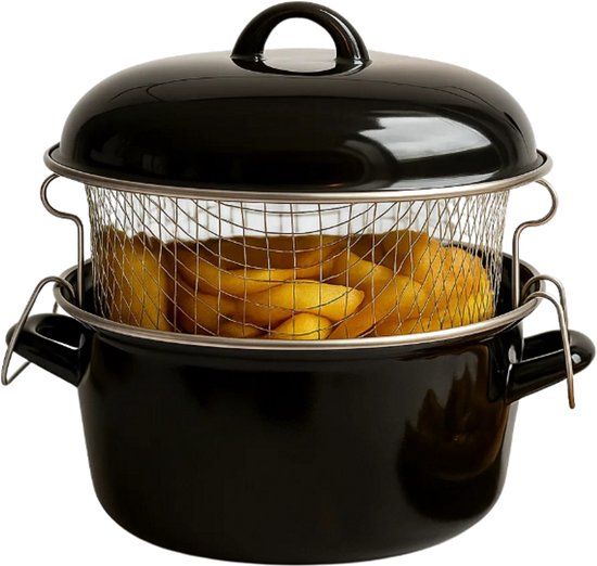 Cookinglife Frituurpan Oliebollenpan Ø 24 cm / 4 L Zwart – Geëmailleerd Staal Met Mand