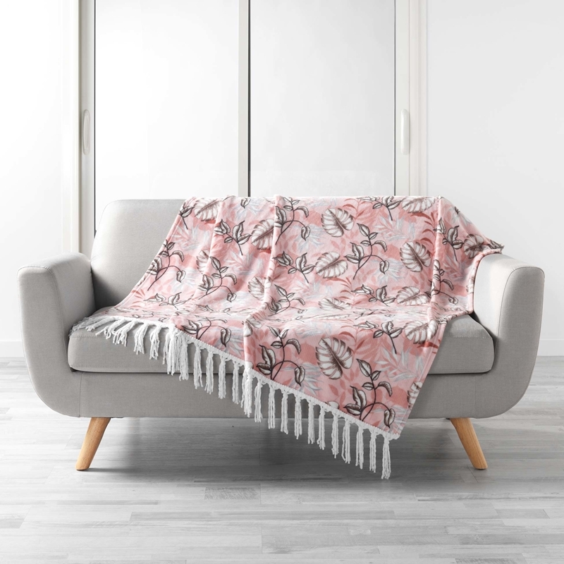 Wicotex Woondeken Roze Met Bladmotief + Franjes 125x150cm