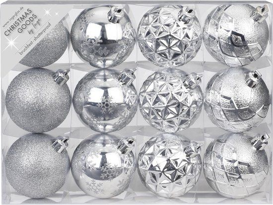 Set van 12 zilveren kerstballen 6 cm - Kunststof - Mat/glans - Onbreekbaar