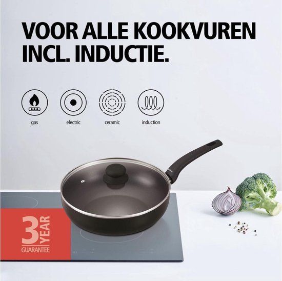 Brabantia Hapjespan - 28cm - Zwart - Met Deksel - Non-stick