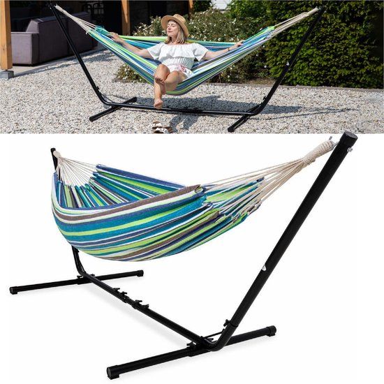 Vita5 Hangmat met Standaard 2 Persoons - Blauw/Groen - Draaggewicht 205 kg - Verstelbare Lengte - Incl. Draagtas