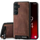 SURAZO Premium Echt Lederen Achterkant Case voor Samsung Galaxy S24, Schokbestendig, Stand Functie, Sleutelhanger, Vintage Slim Bumper Beschermhoes (Notenbruin)