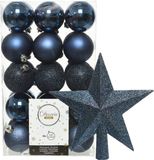 Kaemingk B.V. Boules de Noël - 30x pièces - incl. étoile de sommet - bleu foncé - plastique