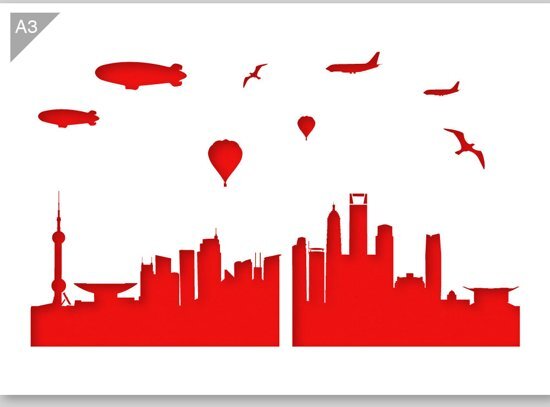 QBIX Shanghai skyline sjabloon - Kunststof A3 stencil - Kindvriendelijk sjabloon geschikt voor graffiti, airbrush, schilderen, muren, meubilair, taarten en andere doeleinden