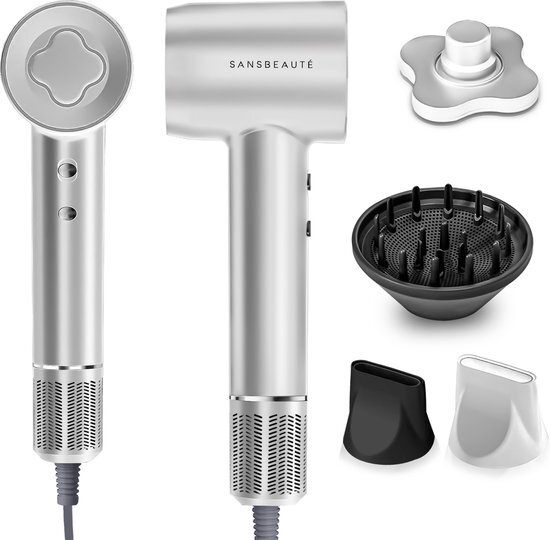 Sansbeauté® Föhn met Diffuser – Krullen – 110.000RPM - Ionische Haardroger met Borstel - 3 Standen - 3 Opzetstukken – Reisföhn - Coolshot – Haarföhn met Diffuser – Hair Dryer - 2000W - EssentiaPRO®