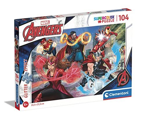 Clementoni Glitter The Avengers-104 stukjes, Made in Italy, kinderen 6 jaar, cartoon, marvel, superhelden, puzzel, meerkleurig, medium, 20347