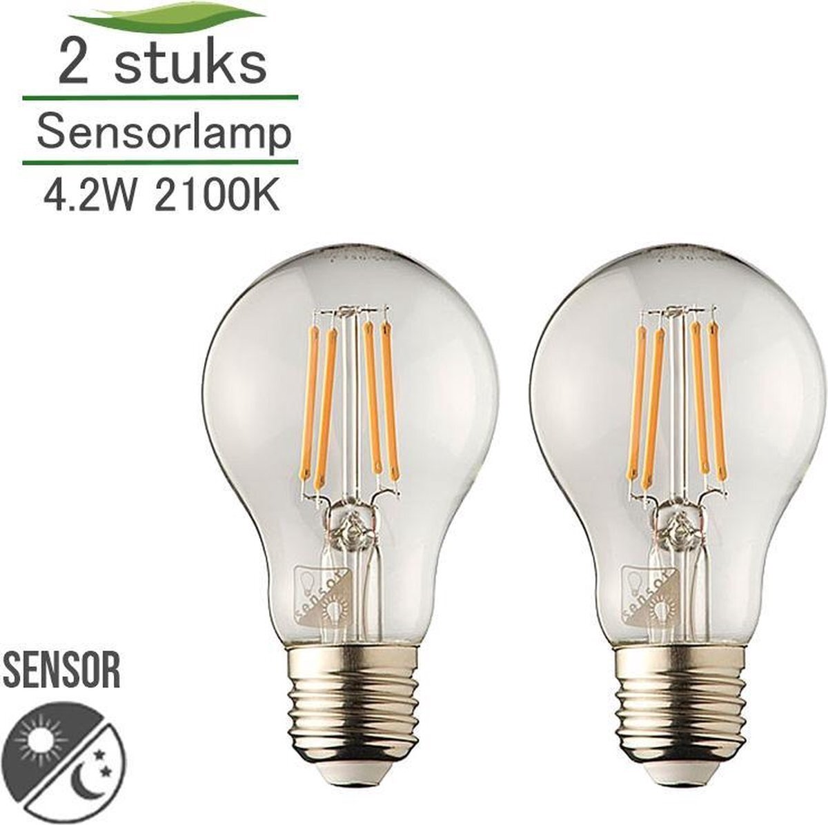 Lybardo 2 stuks Sensor Lamp LED E27 met dag-nacht sensor Filament 4.2W 2100K Extra Warm 350 lumen