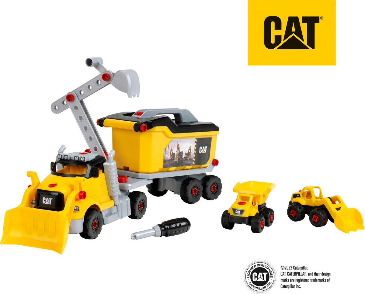 Klein 3252 Cat® - Schroeftruck 4 in 1 - Bouwspeelgoed met gereedschapskist - Incl. graafmachine en kiepwagen