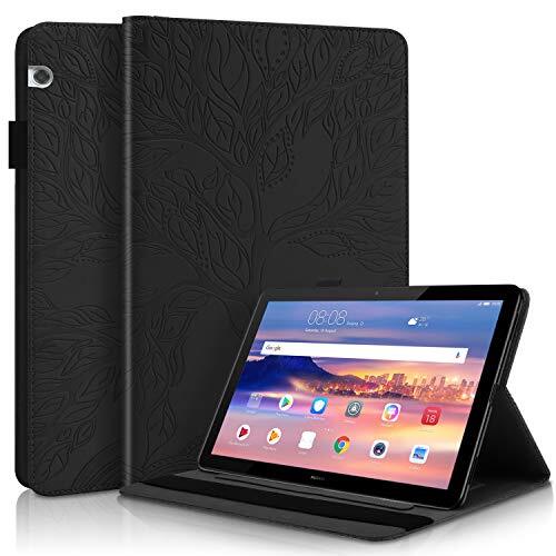 AsWant Huawei Mediapad T5 10 hoes PU leder reliëf boom design portefeuille folio flip tas penhouder stand functie tablet hoes voor Huawei Tablet Mediapad T5 10,1 inch 2018 - zwart