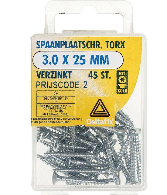 Deltafix Spaanplaatschroef platkop Torx 3.0 x 25 mm Verzinkt 45 stuks