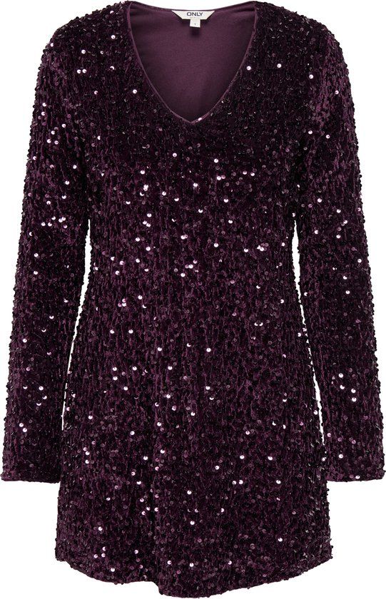 Onlanika ONLY ONLANIKA LS SEQUINS V-NECK DRESS WVN - Winetasting - XL - Mini jurk - Dames - Korte mouw - Polyester