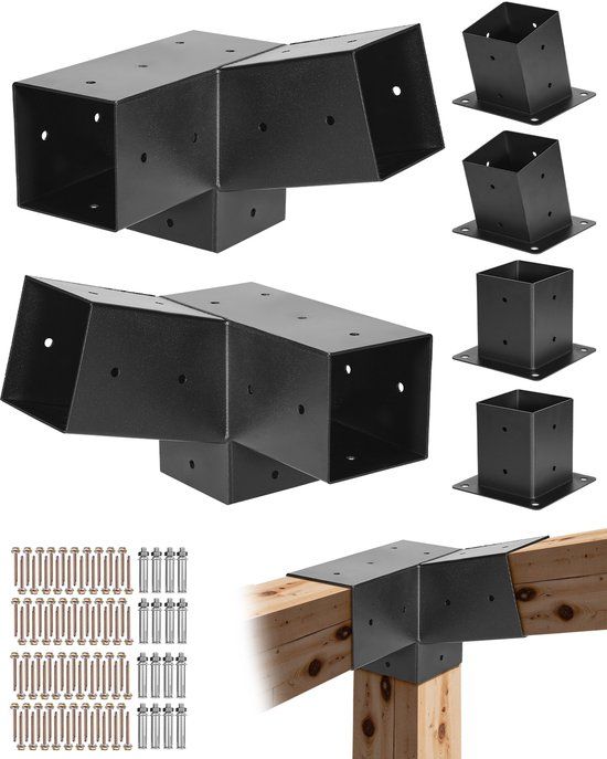 VEVOR Paalverbinders, 3-Weg Hoekbeugels voor Houten Balken Van 92x92 Mm, 2-Pack Pergolabeugels Met 2 Paalvoeten en 2 Wandmontagevoeten, voor Pergola'S, Prieeltjes en Buitenschuurtjes