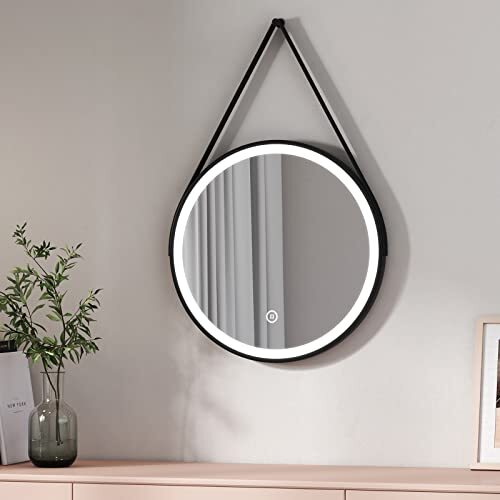 EMKE Badkamerspiegel met verlichting, led-spiegel, rond, 50 cm, met touch-schakelaar, wit licht, 6500 K, frame zwart