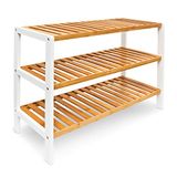 Relaxdays Schoenenrek Bamboe, HxBxD: ca. 54,5 x 70 x 24,5 cm, met 3 etages, voor 9 paar schoenen, stevig, natur/wit