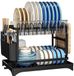 GelldG Égouttoir à vaisselle double couche - Acier au carbone - Égouttoir multifonctionnel - Rangement de cuisine - Avec égouttoir rotatif - Avec plateau d'égouttement - Pour ranger les ustensiles de cuisine - 42 x 30 x 29 cm - Noir
