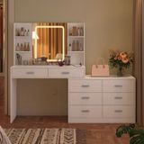 Table de maquillage sans marque avec LED - Miroir lumineux - Prise - 8 tiroirs - 6 étagères - Coiffeuse d'angle - Forme en L convertible, blanc