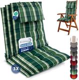 Beautissu Sun-HL - Set van 3 Premium Hoge Rugleuning Kussen met Hoofdkussen 120x50 cm UV-bestendig & 8cm Dik Kussen Tuinstoelkussen Antislip Bevestigingsbanden Stevige Stof Groen geblokt