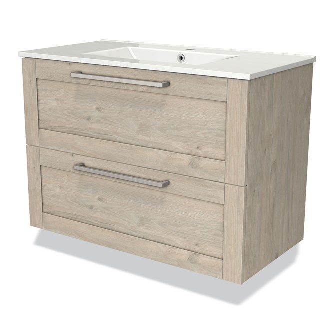 Maxaro Badkamermeubel 90cm Modulo Lichtgrijs Eiken 2 Lades Lamel Wastafel Keramiek