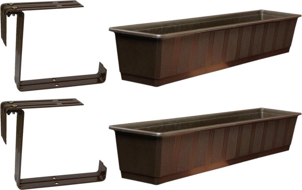 Geli Set van 2 plantenbakken bruin rechthoekig 80 cm met 4 verstelbare railing beugels