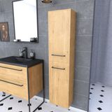 Aurlane Badkamerkolom in bruin eiken 30x35x150 met 2 deuren en mat zwarte handgrepen