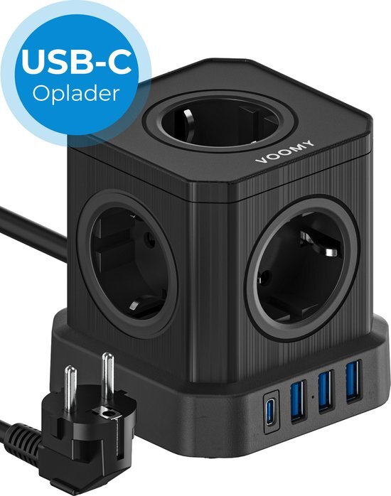 Voomy Cube 2.0 Stekkerdoos met Schakelaar - 1 USB-C & 3 USB Poorten - 4000W - 5 Stopcontacten - Zwart