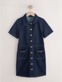 Next - Dames - Denim mini-jurkje met korte mouwen, gouden gesp en zakjes - Blauw
