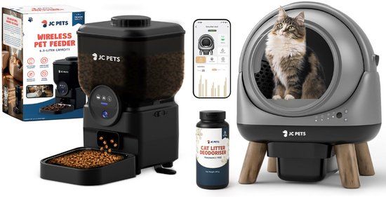 JC Pets Zelfreinigende Automatische Kattenbak met Automatisch Voederbak - Slimme Elektrische Kattenbak XXL 65L – Incl. Uitloopmat & Geurverdrijver - Veiligheidssensoren - Voerbak kat dispenser 6,5L met Camera - Geschikt voor Meerdere Katten - Met app