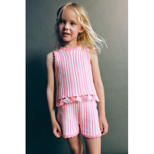 Mango Kids casual gestreepte gebreide short - roze