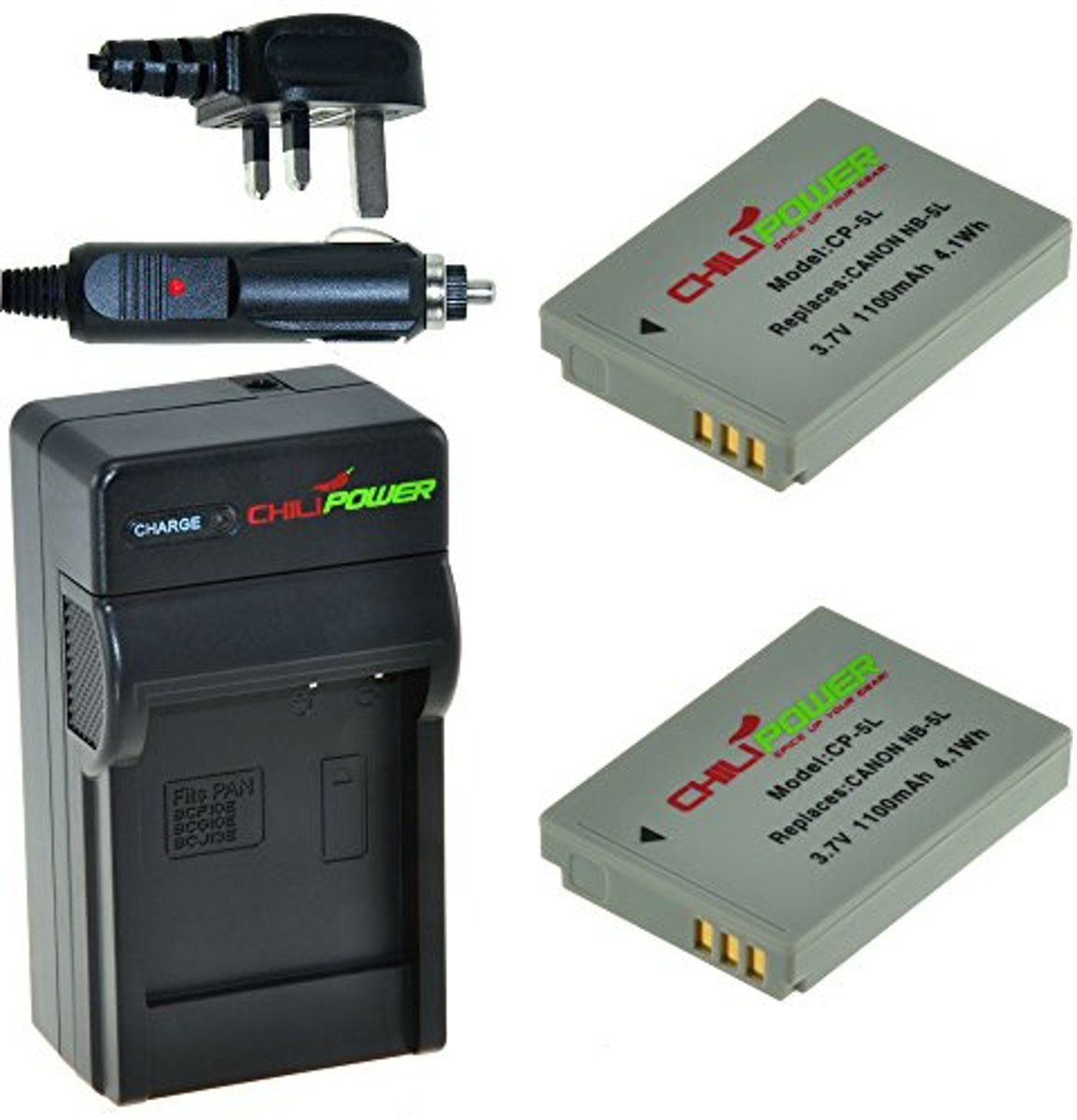 ChiliPower 2 x NB-5L accu's voor Canon - Charger Kit + car-charger - UK version
