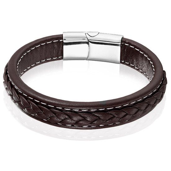 LGT JWLS LGT Jewels Heren Armband Bruin Leer Stitched Edelstaal Sluiting-21cm