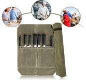 Merkloos / Sans marque Messentas - Veilig en Compacte Messenopslag - Messenfoudraal voor 7 Messen - Gewaxt Canvas Chefs Knife Zakje - Keukengereedschap - Messenopslag - Multifunctionele Gereedschapsroltas - voor Kamperen, Wandelen, Vrije Tijd - Groen - 1 Stuk