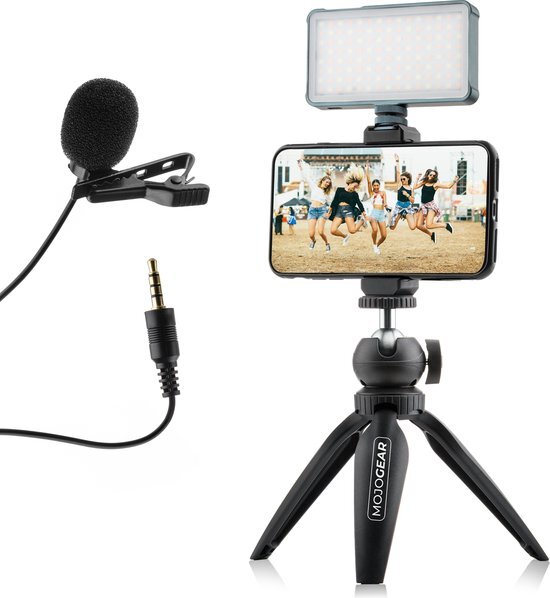 MOJOGEAR Video KIT / vlog set - Mini-statief + telefoonhouder + microfoon + videolamp - Tot 20 cm hoog - Horizontaal en verticaal filmen - Zwart