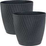 Form Plastic Plantenpot/bloempot Waves - 2x - kunststof - antraciet - D15 x H14 cm - met opvang schotel - rond