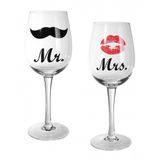 Out of the blue Wijnglas met kusmond & snor decor | Mr en Mrs, ca. 430 ml, hoogte 22,5 cm | set van 2 in PVC doos | transparant