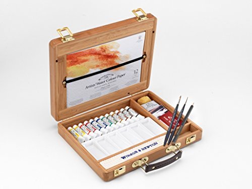 Winsor & Newton 0190692 Proessional aquarelverfset, bamboe doos, 12 lichtechte aquarelkleuren in 5 ml tube, 2 penselen, A5-blok, mengpalet en accessoires