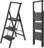QEENTOE 3-traps inklapbare trap met leuning en brede, antislip treden, draagvermogen tot 150 kg, zwart, geschikt voor huis en kantoor