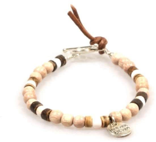 Heaven Eleven Armband naturel hout met bruin en wit tibetaanse kraal
