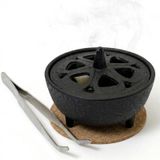 Brûleur d'encens - Fonte - 8,5 x 6,5 cm - Noir - Avec couvercle lotus et pince à épiler