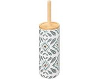 5Five WC/Toiletborstel met luxe houder Cairo - wit met print - dolomiet kunststeen/bamboe - 38 cm