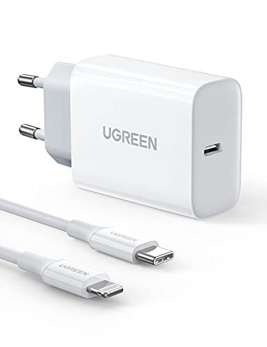 Ugreen 20W USB C Oplader met MFi Gecertificeerde Lightning Kabel, USB C Voeding PD USB Oplaadstekker PPS Compatibel met iPhone 13, 13 Pro, 13 Pro Max, 12, 12Pro, iPad Pro 2020, AirPods enz. Wit