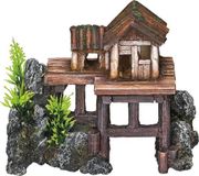 Nobby Houten huis met planten, aquariumornamenten, 15,5 x 8 x 12 cm