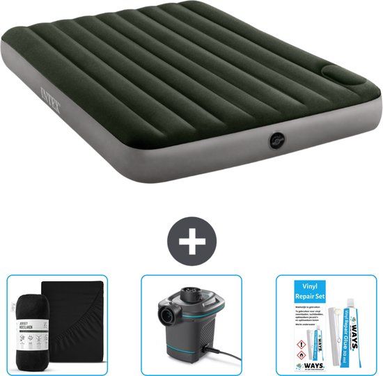 Intex Luchtbed - 2-Persoons - 152 x 203 x 25 cm - Groen - Hoeslaken - Pomp en Reparatieset