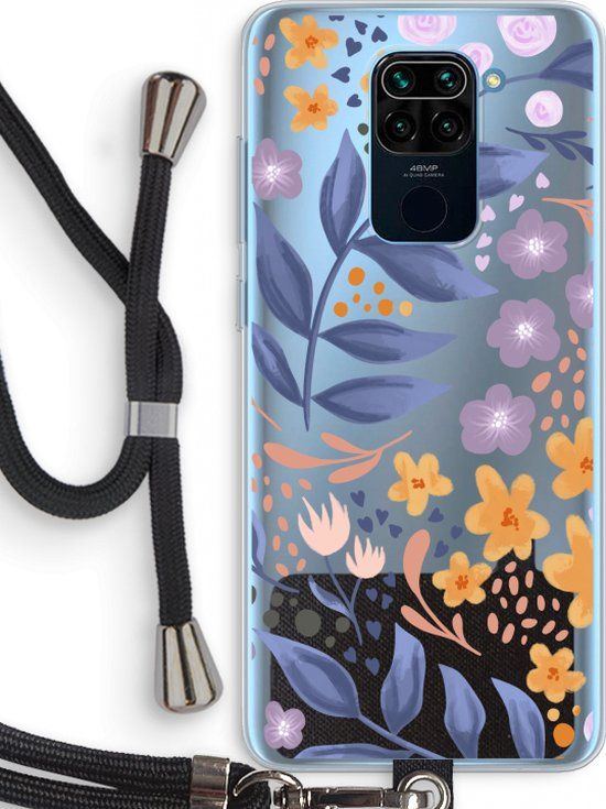 Case Company® - Xiaomi Redmi Note 9 Case with Cord - Flowers with blue leaves - Black Cord - Back Cover