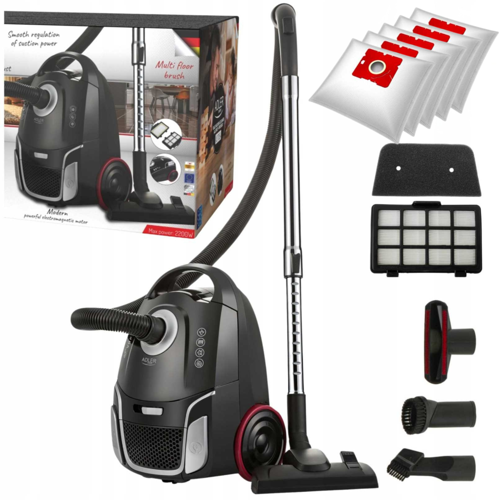 Adler Hygiënische zakstofzuiger HEPA H13 17000 Pa Klasse A 2,6L Stil 4 zakken + accessoires