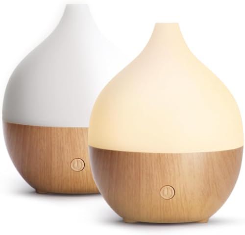 SALKING Set van 2 kleine ultrasone geurverspreider met automatische uitschakelfunctie, warmwitte houtnerf voor thuis en op kantoor, 100 ml