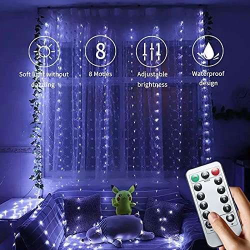 Oluote LED lichtgordijn, 3m x 3m 300 LEDs lichtketting gordijn lichtketting met haak en afstandsbediening 8 modi waterdichte USB-stekker, voor feestdecoratie slaapkamer (wit)