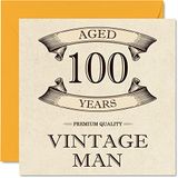 Vintage 100e verjaardagskaarten voor mannen - leeftijd 100 jaar - leuke verjaardagskaart voor opa vader echtgenoot oom broer opa, 145 mm x 145 mm wenskaarten, 100e verjaardagskaart