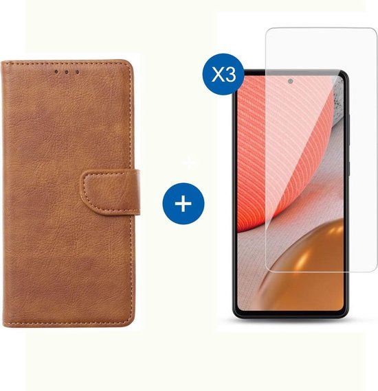 BixB Samsung Galaxy A72 Hoesje - Book Case - Bruin - Incl. 3x Screenprotector