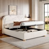 HAUSS SPOLE Lit rembourré 160x200cm - Sans matelas - Lit deux personnes avec rangement hydraulique et sommier à lattes - Bouclé - Blanc
