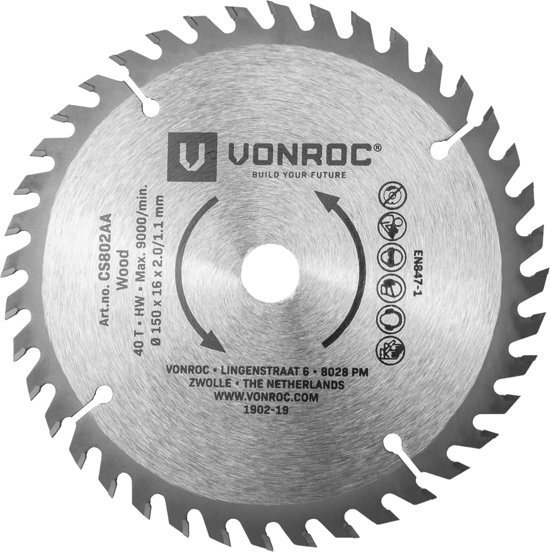 VONROC Cirkelzaagblad 150 x 16 x 2.0/1.1mm - 40 tanden â€“ geschikt voor hout - universeel